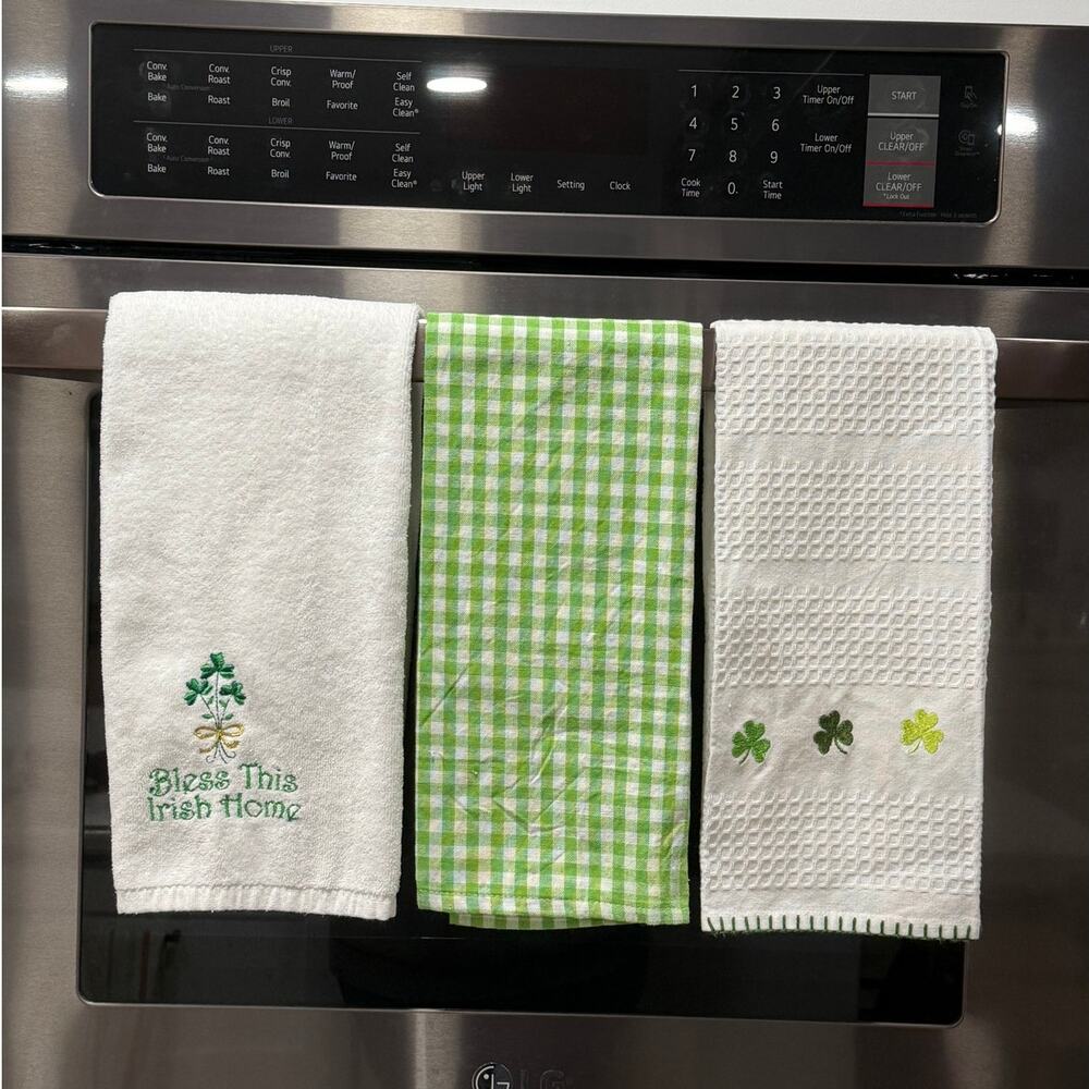 St Patricks Day Kitchen Towels Set 3 Shamrock Gingham Bless Irish Home Decor
